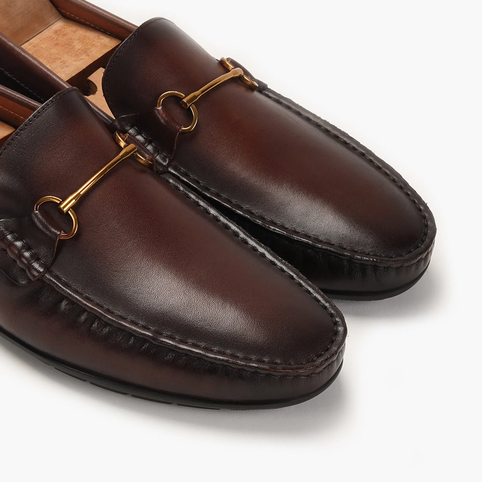Bit Detailed Burnished Leather Loafers