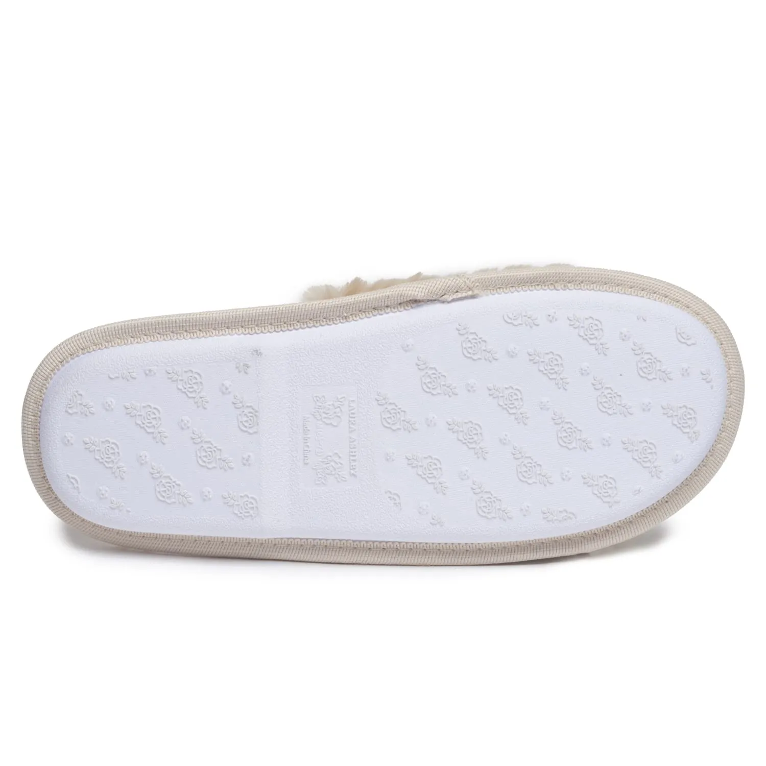 Laura Ashley Womens Texture Plush One Band Memory Foam Slide On Slippers, Warm Fuzzy Fluffy Open Toe Bedroom Slides Slipper