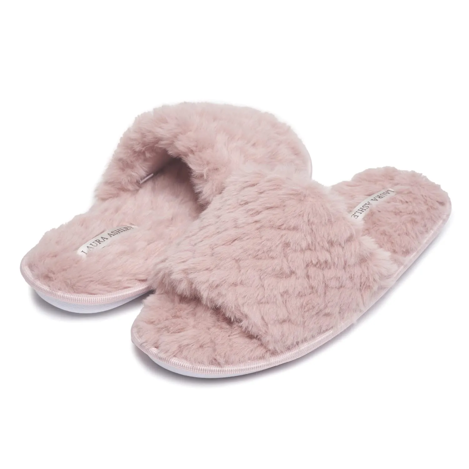 Laura Ashley Womens Texture Plush One Band Memory Foam Slide On Slippers, Warm Fuzzy Fluffy Open Toe Bedroom Slides Slipper