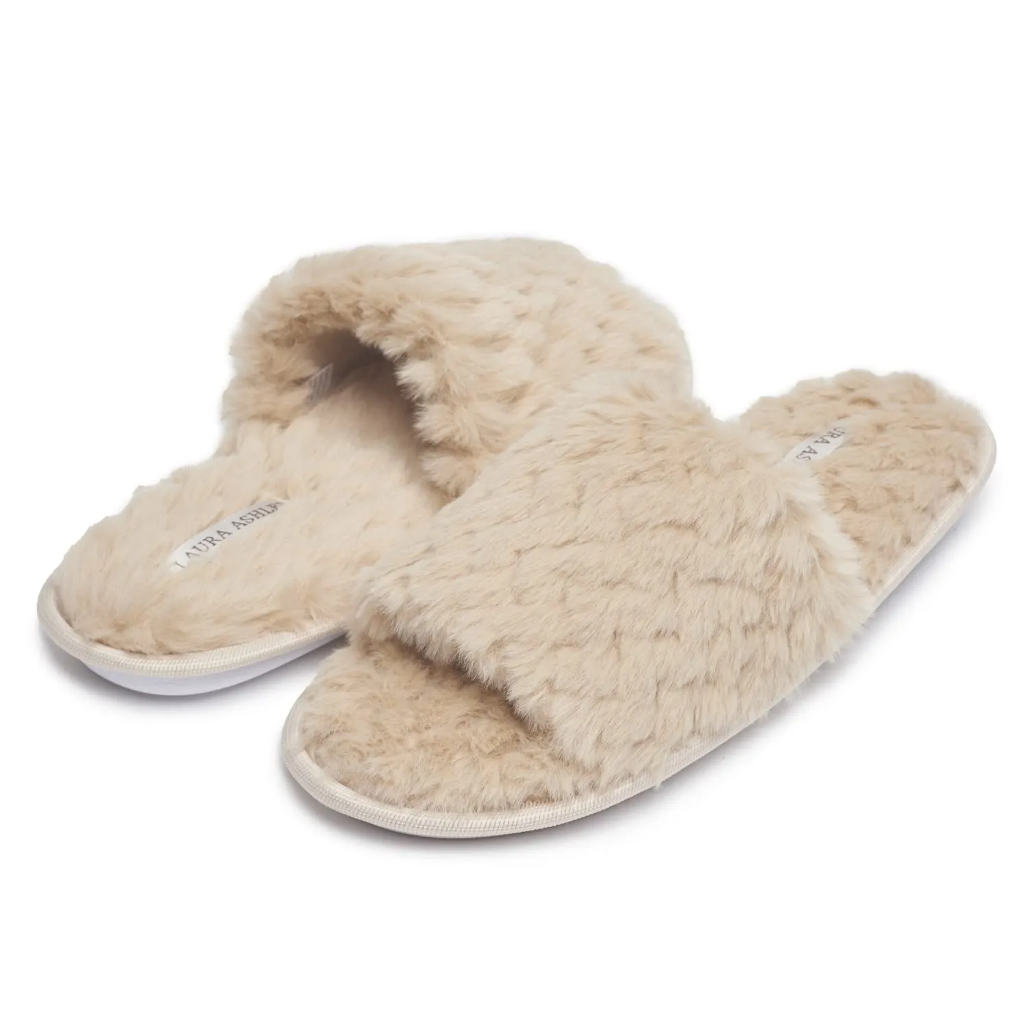 Laura Ashley Womens Texture Plush One Band Memory Foam Slide On Slippers, Warm Fuzzy Fluffy Open Toe Bedroom Slides Slipper