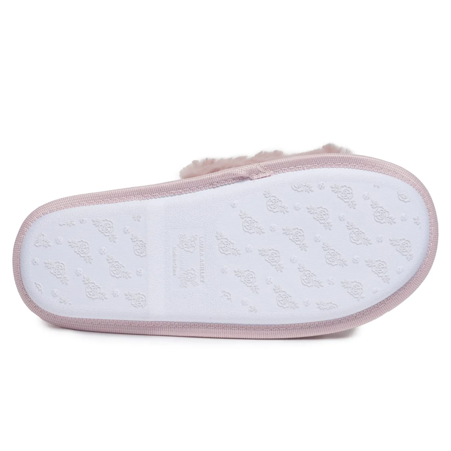 Laura Ashley Womens Texture Plush One Band Memory Foam Slide On Slippers, Warm Fuzzy Fluffy Open Toe Bedroom Slides Slipper