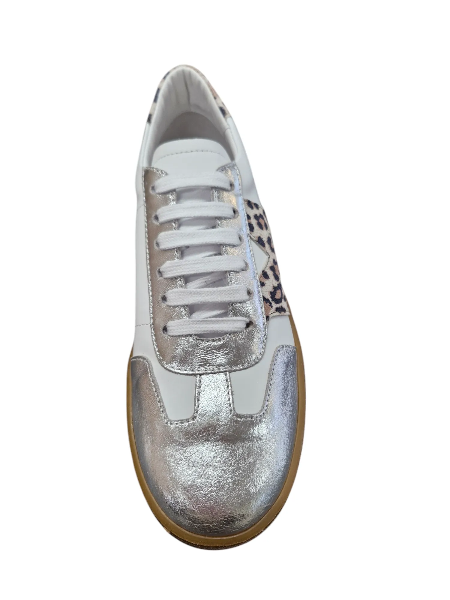 Marco Moreo white leather sneaker with leopard-print suede, metallic silver and glittered silver heel.