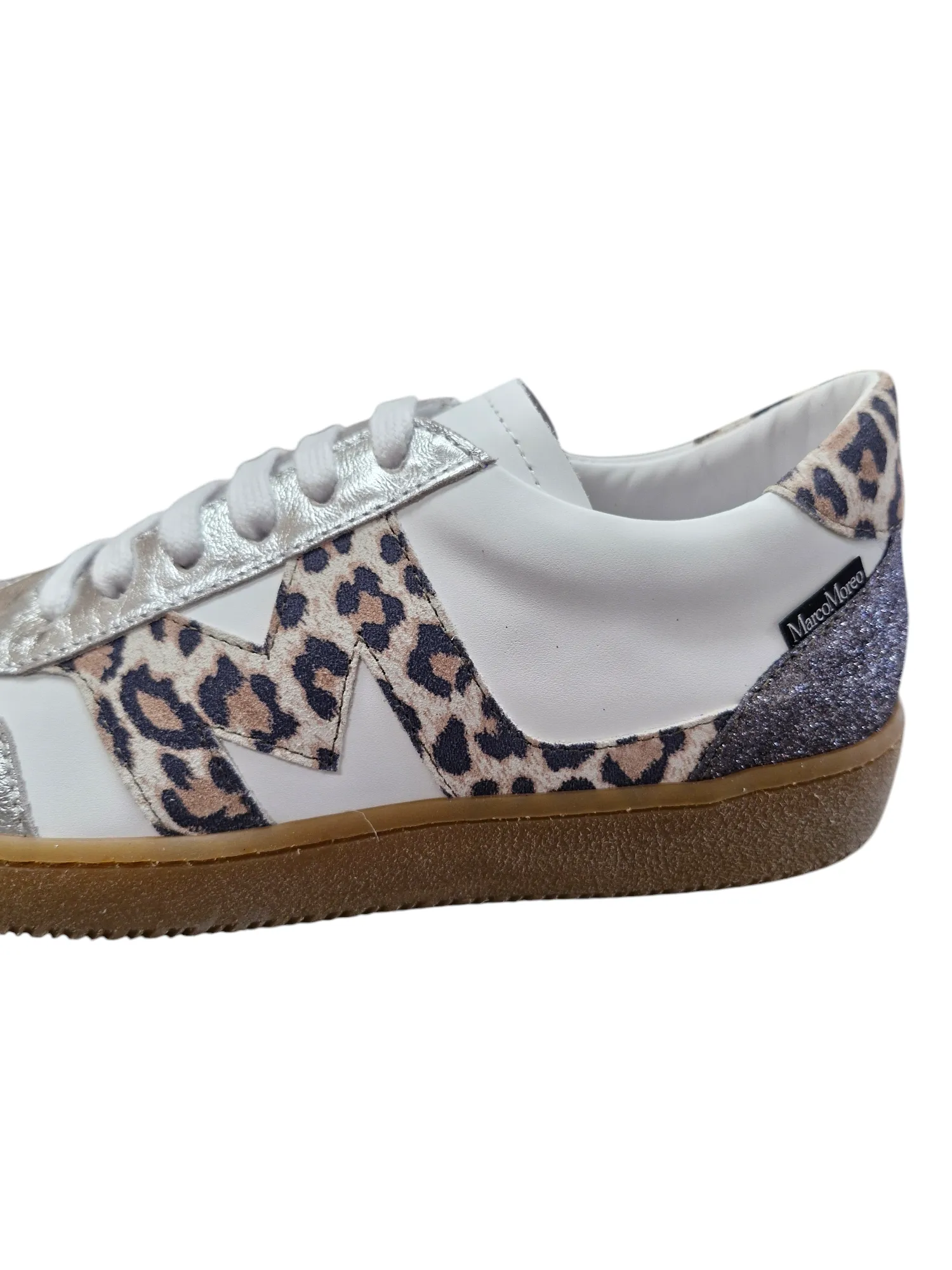 Marco Moreo white leather sneaker with leopard-print suede, metallic silver and glittered silver heel.