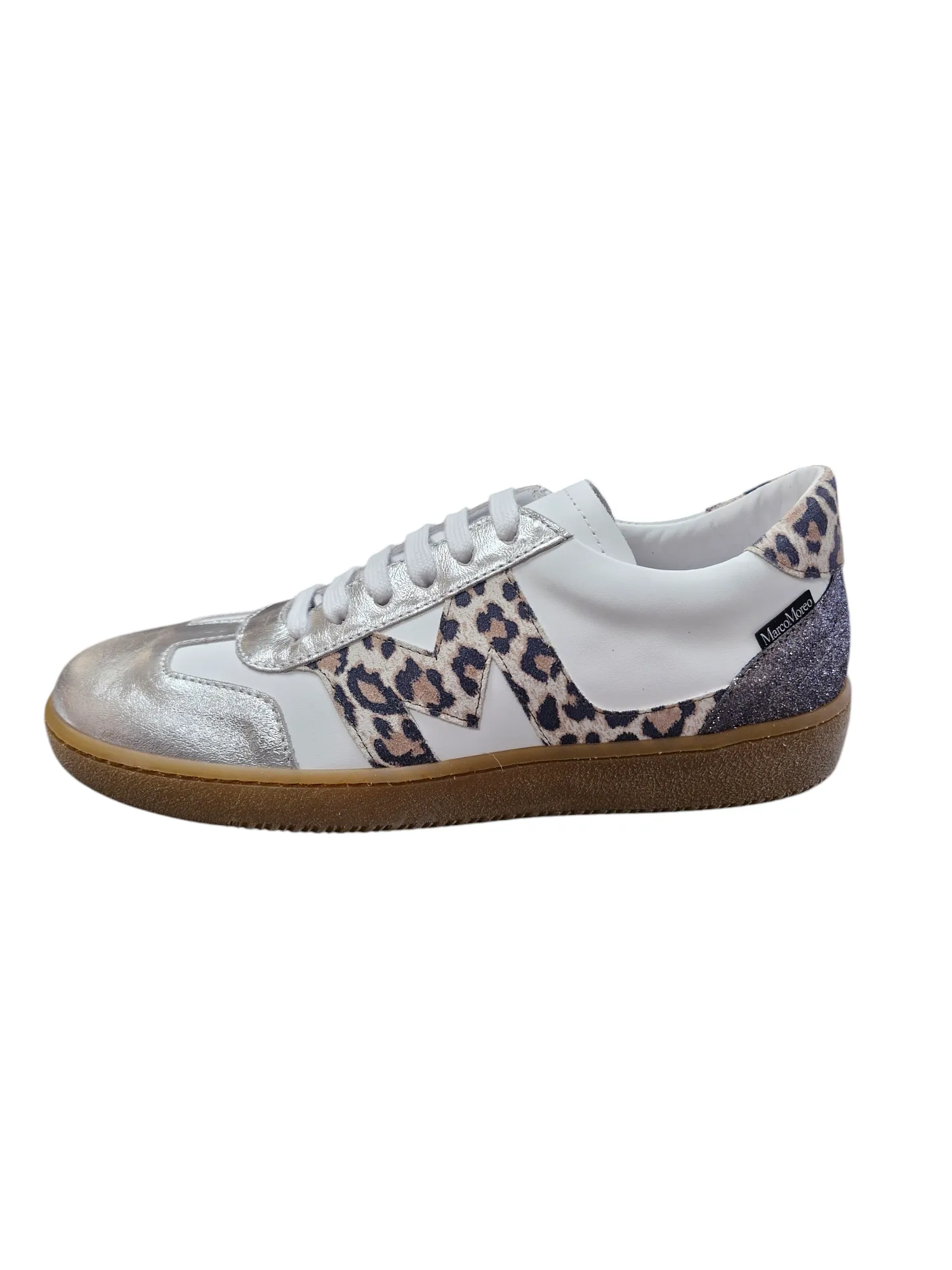 Marco Moreo white leather sneaker with leopard-print suede, metallic silver and glittered silver heel.