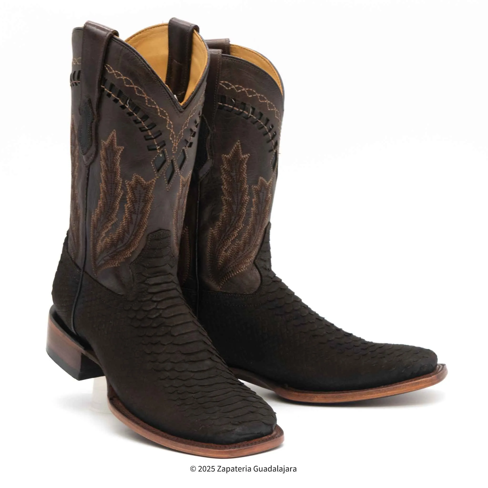 MEN'S WIDE SQUARE TOE FAUX PYTHON TRIBUTE CHOCO BROWN LEATHER BOOT -H52R6394