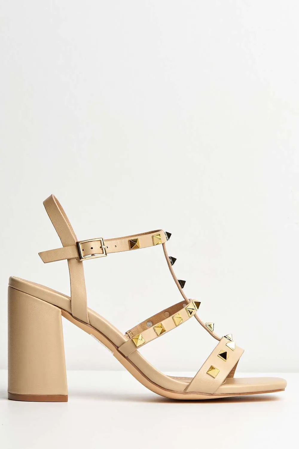 Troya Studded Block Heel Sandals in Nude Matt