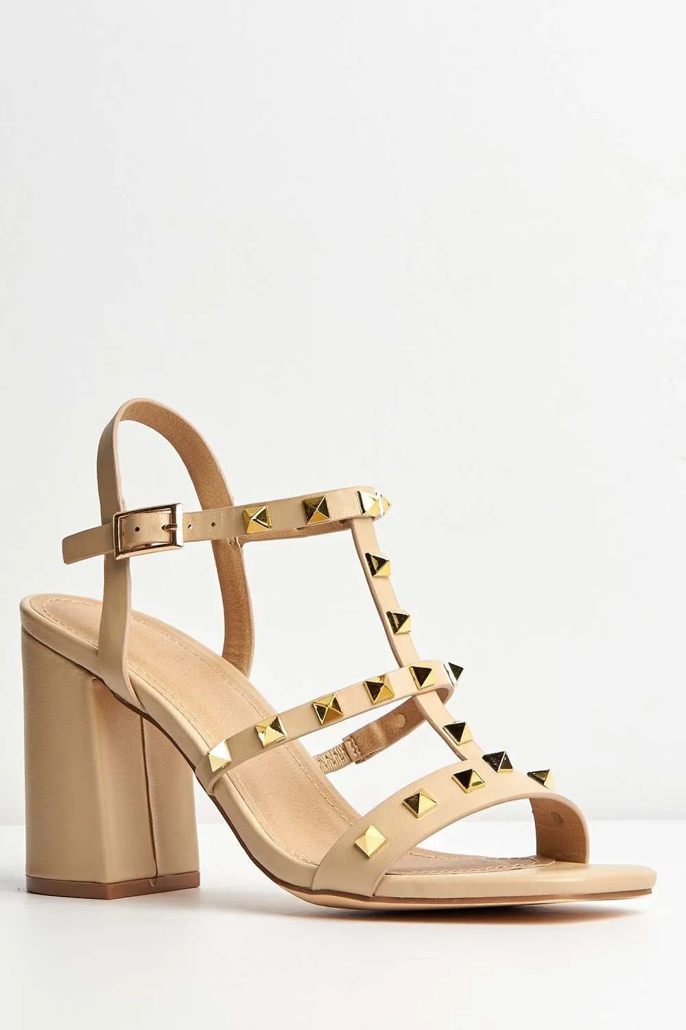 Troya Studded Block Heel Sandals in Nude Matt